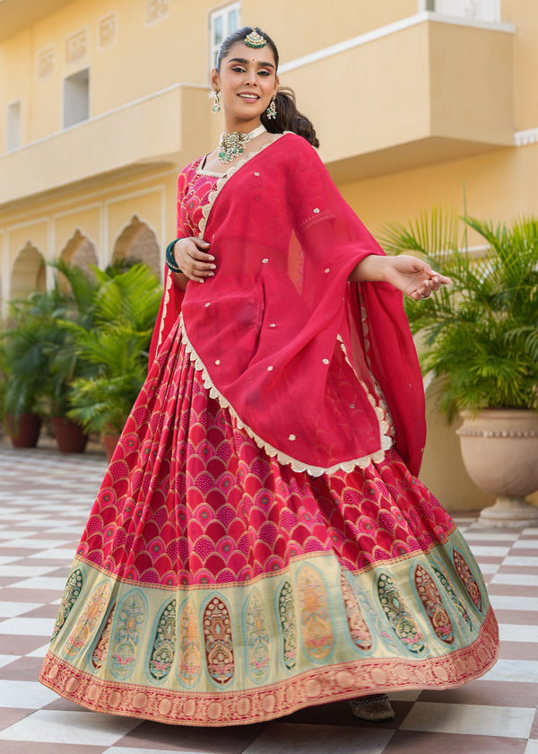 Preeta Red Silk Printed Lehenga set