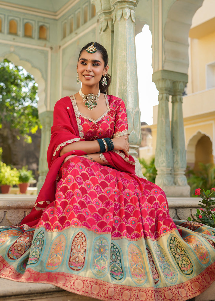 Preeta Red Silk Printed Lehenga set