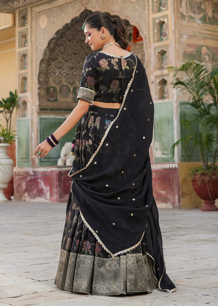 Tisya Black Floral Printed Jacquard lehenga set