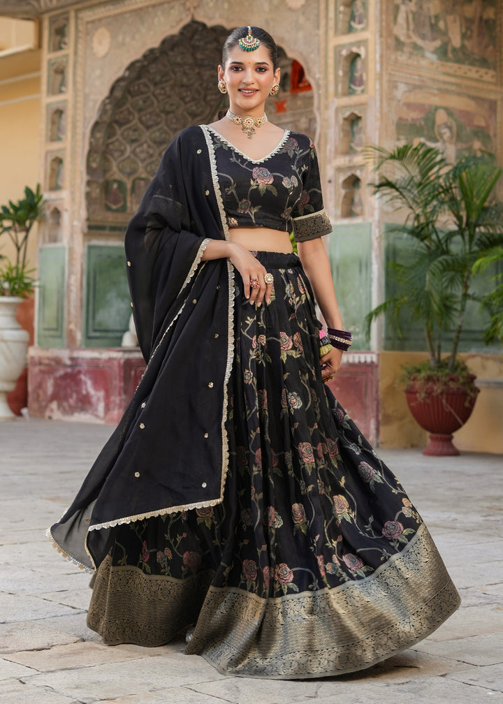 Tisya Black Floral Printed Jacquard lehenga set