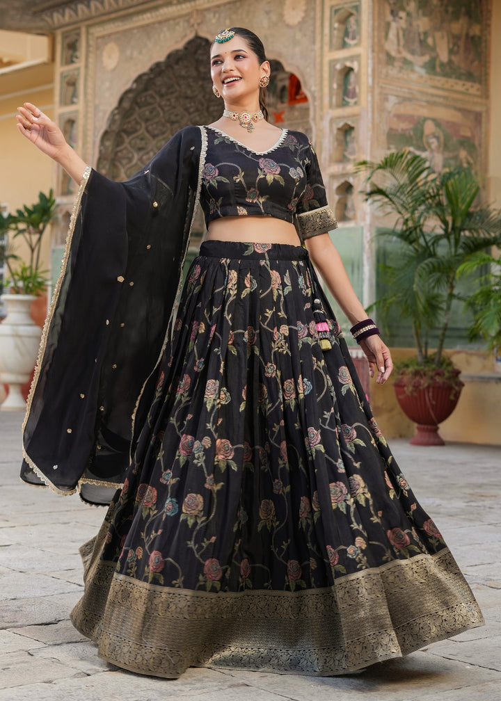 Tisya Black Floral Printed Jacquard lehenga set
