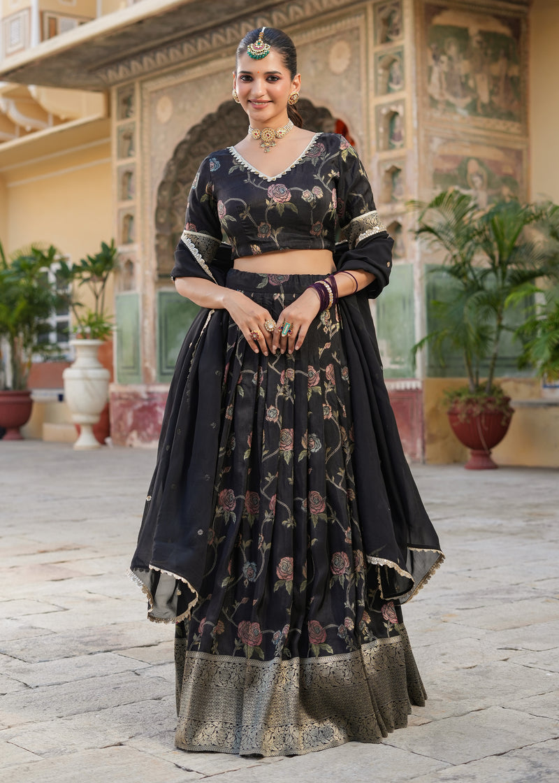 Tisya Black Floral Printed Jacquard lehenga set