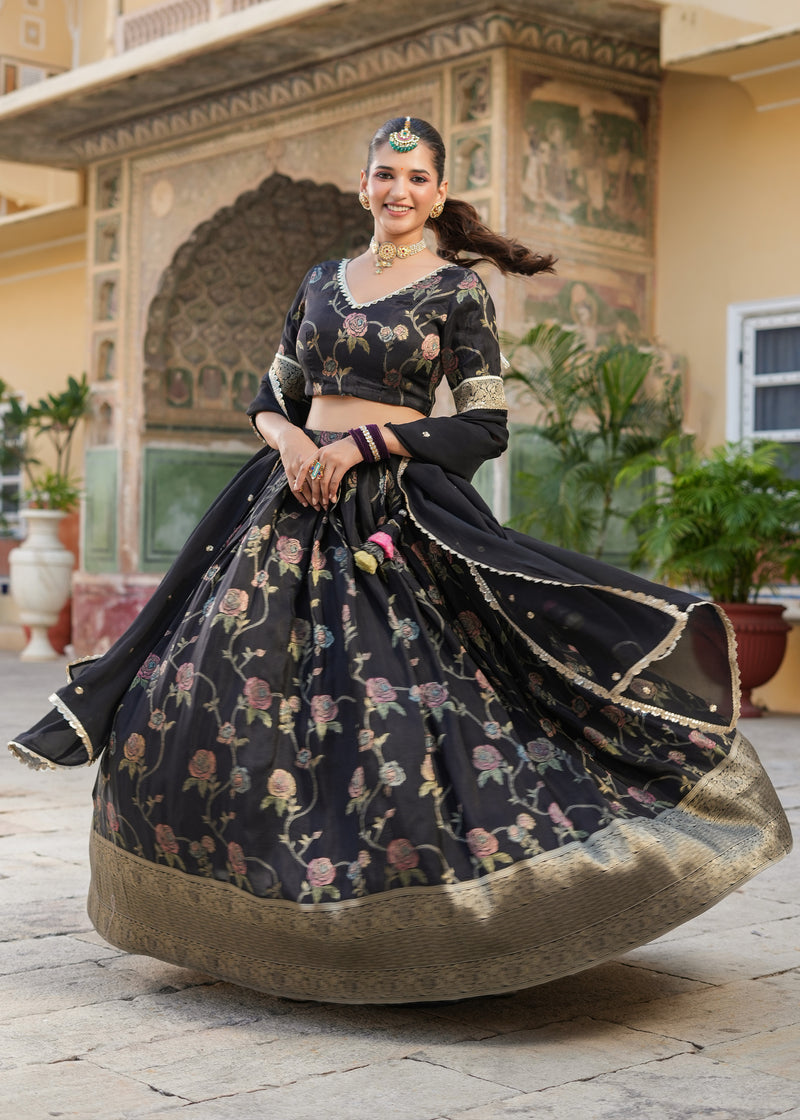 Tisya Black Floral Printed Jacquard lehenga set