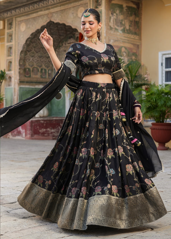 Tisya Black Floral Printed Jacquard lehenga set