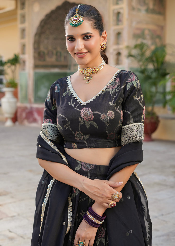 Tisya Black Floral Printed Jacquard lehenga set