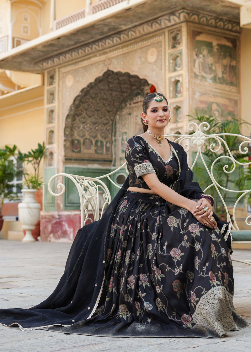 Tisya Black Floral Printed Jacquard lehenga set