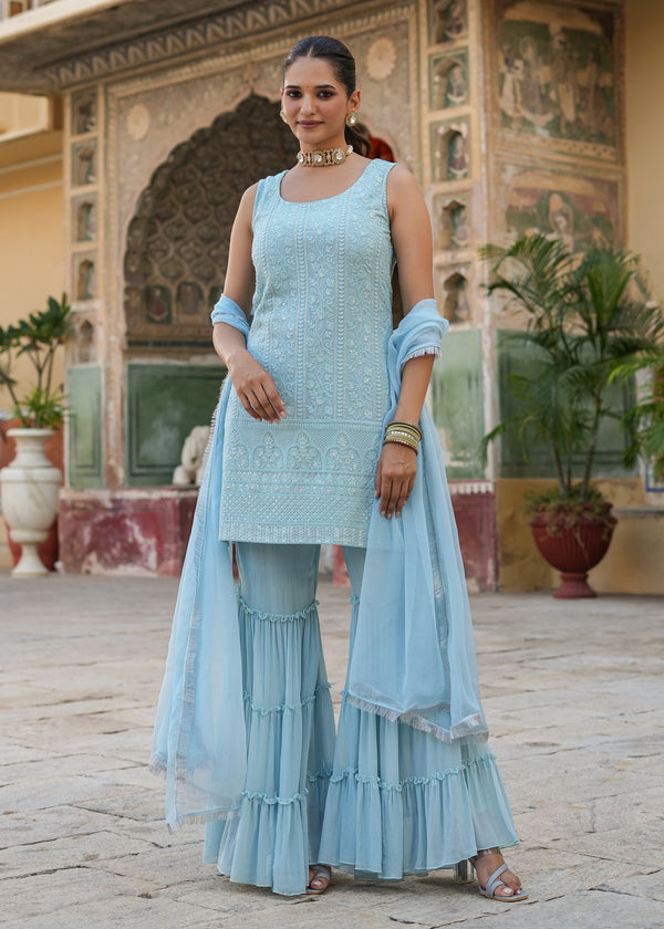 Nitara Sea green Embroidered Sharara set with dupatta