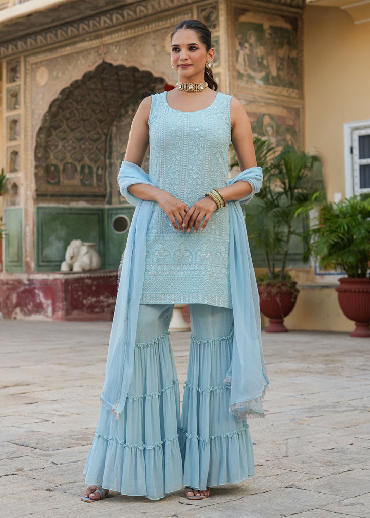 Nitara Sea green Embroidered Sharara set with dupatta