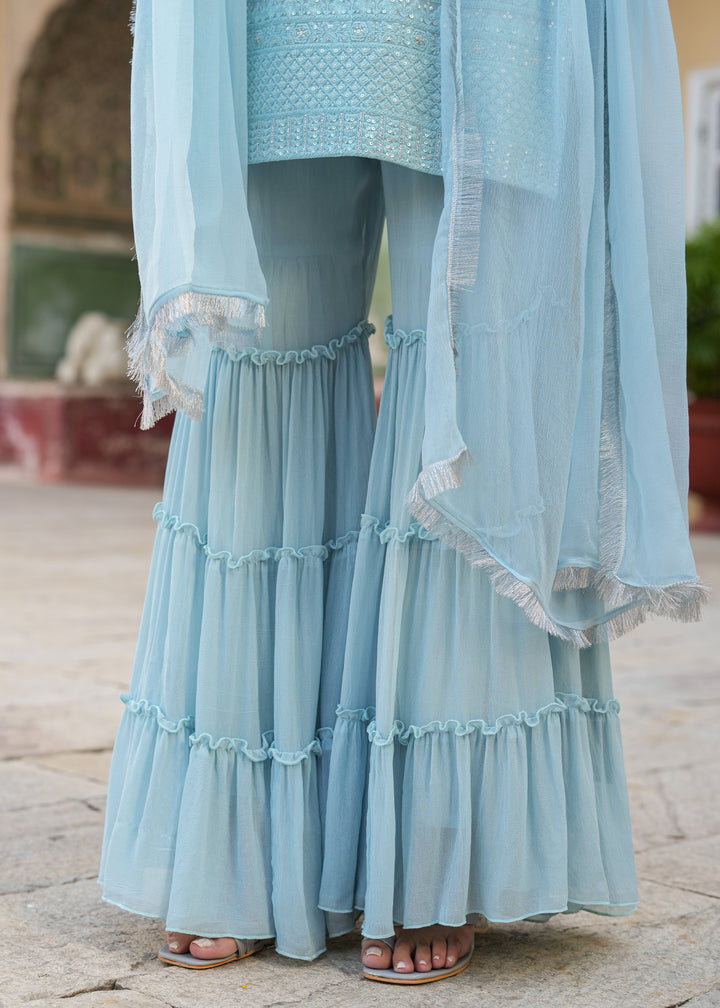 Nitara Sea green Embroidered Sharara set with dupatta