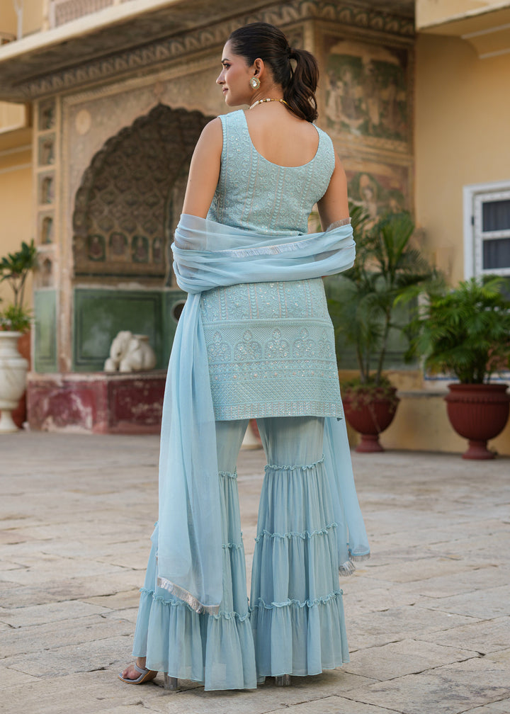 Nitara Sea green Embroidered Sharara set with dupatta