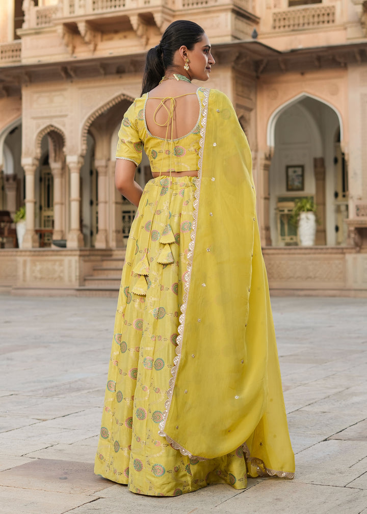 Prashi Lime green Silk Jacquard Printed Lehenga set