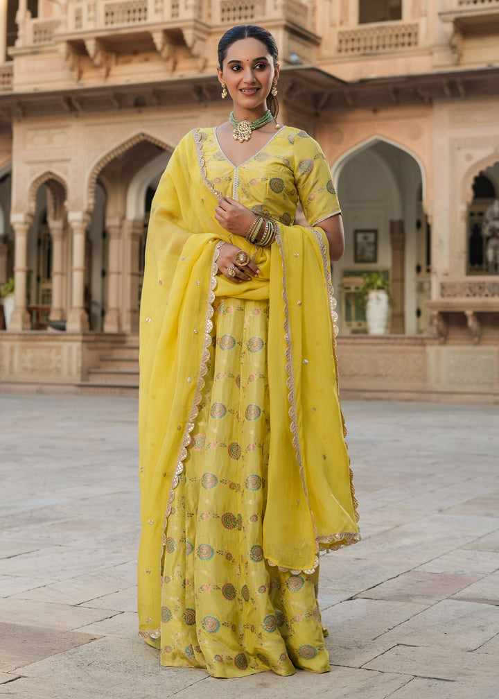 Prashi Lime green Silk Jacquard Printed Lehenga set