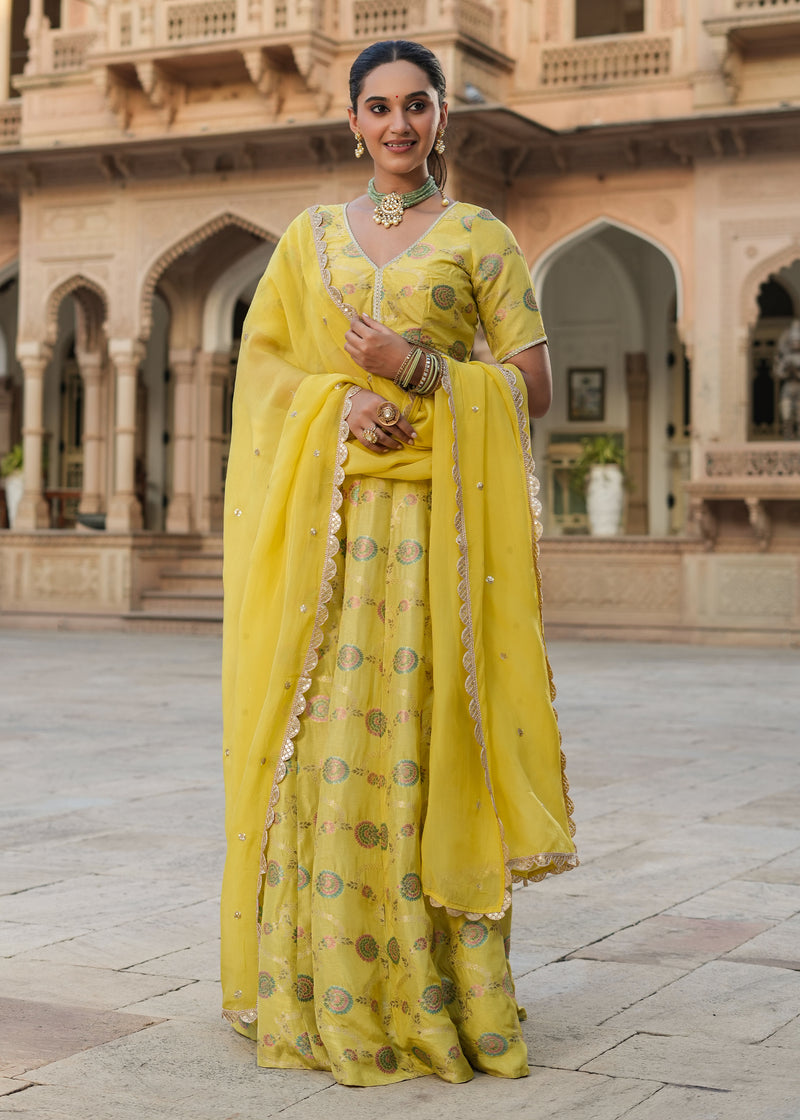 Prashi Lime green Silk Jacquard Printed Lehenga set