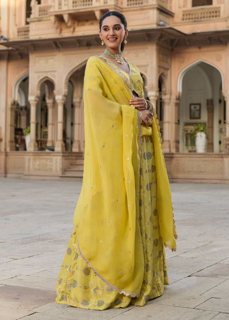 Prashi Lime green Silk Jacquard Printed Lehenga set