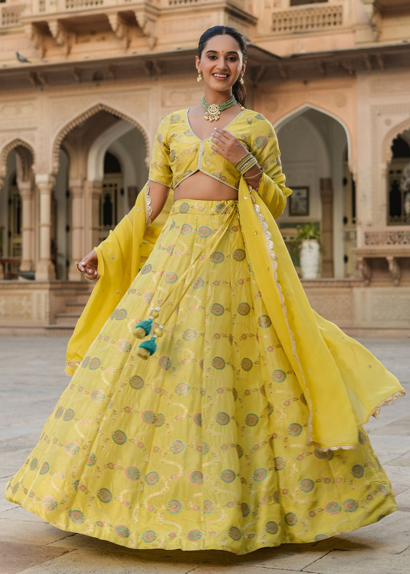 Prashi Lime green Silk Jacquard Printed Lehenga set