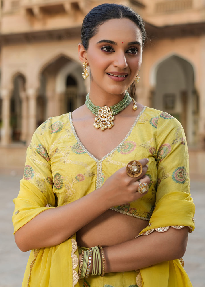 Prashi Lime green Silk Jacquard Printed Lehenga set