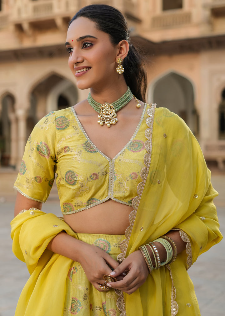 Prashi Lime green Silk Jacquard Printed Lehenga set