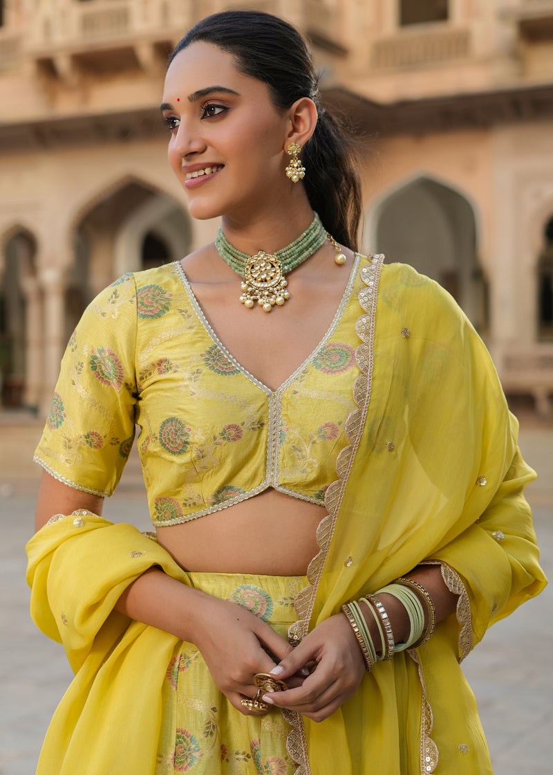 Prashi Lime green Silk Jacquard Printed Lehenga set
