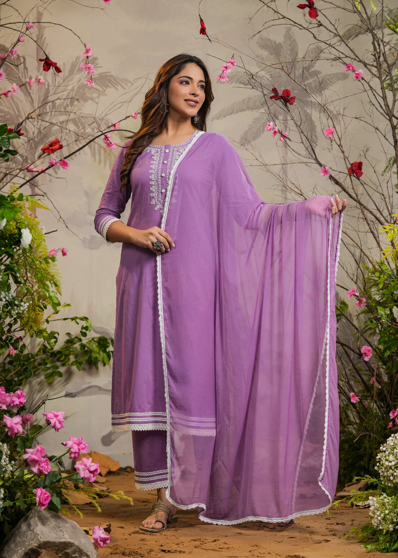 Ishana Lavender Straight Kurta With Pant & Dupatta