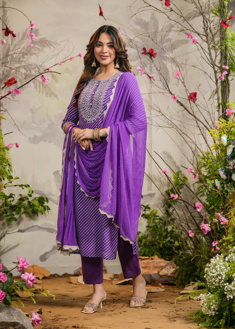 Orchid Purple lehariya Straight Kurti with Pant & Dupatta