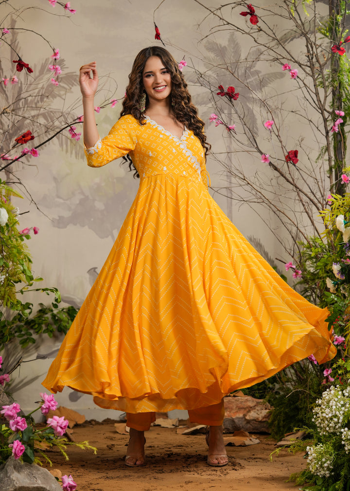 Abeer Yellow Bandhej Angrakha Kurti With Pant Dupatta – EverBloom