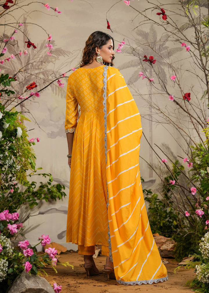 Abeer Yellow Bandhej Angrakha Kurti With Pant & Dupatta