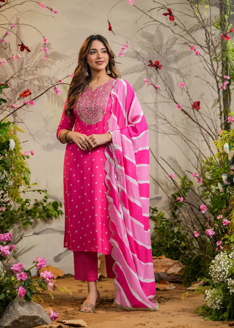 Wira Pink Bandhej Straight Kurti with Pant & Dupatta