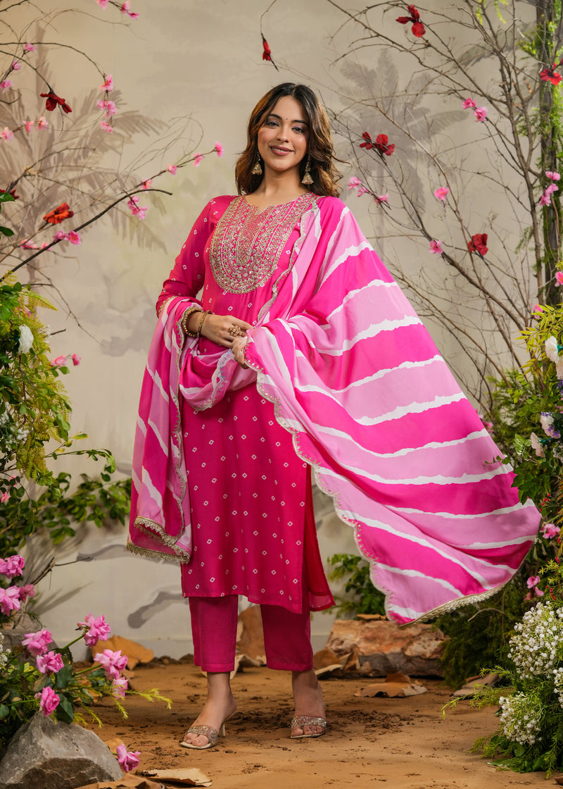 Wira Pink Bandhej Straight Kurti with Pant & Dupatta