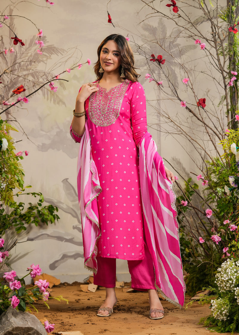 Wira Pink Bandhej Straight Kurti with Pant & Dupatta