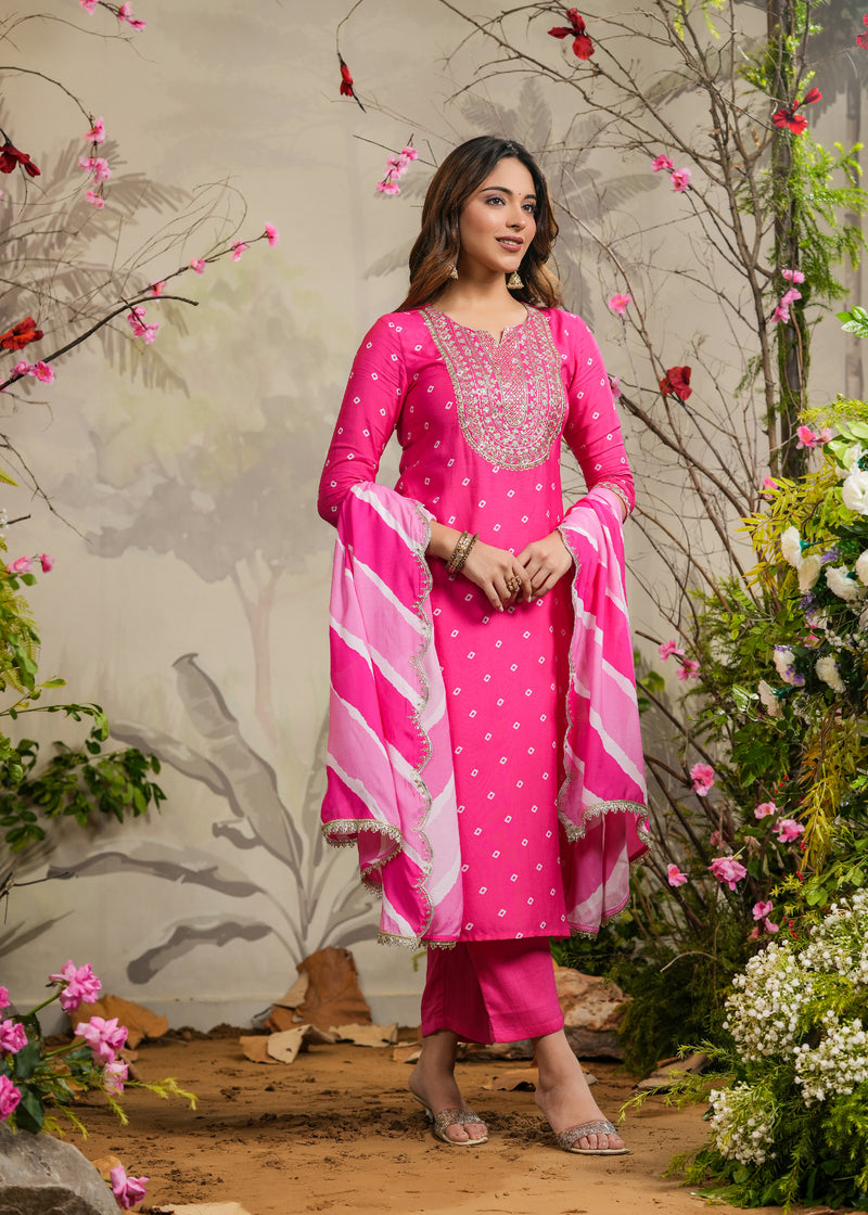 Wira Pink Bandhej Straight Kurti with Pant & Dupatta