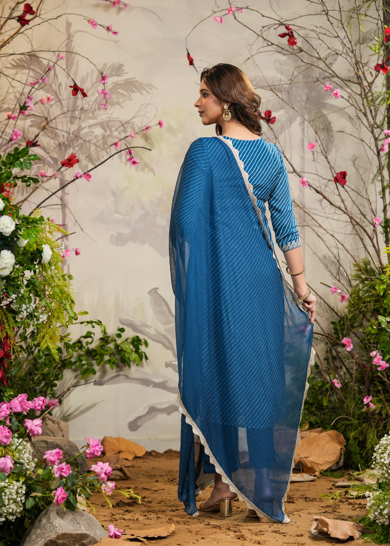 Supriya Blue lehariya Straight Kurti with Pant & Dupatta