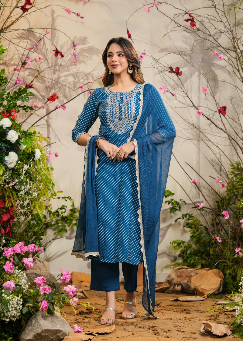 Supriya Blue lehariya Straight Kurti with Pant & Dupatta