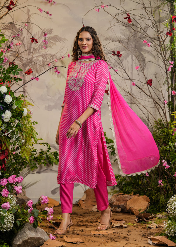 Aachal Pink lehariya Straight Kurti with Pant & Dupatta