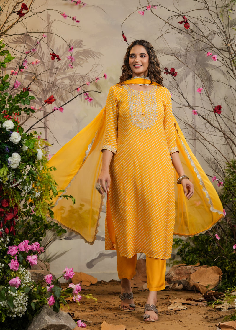 Sawan Yellow lehariya Straight Kurti with Pant Dupatta – EverBloom