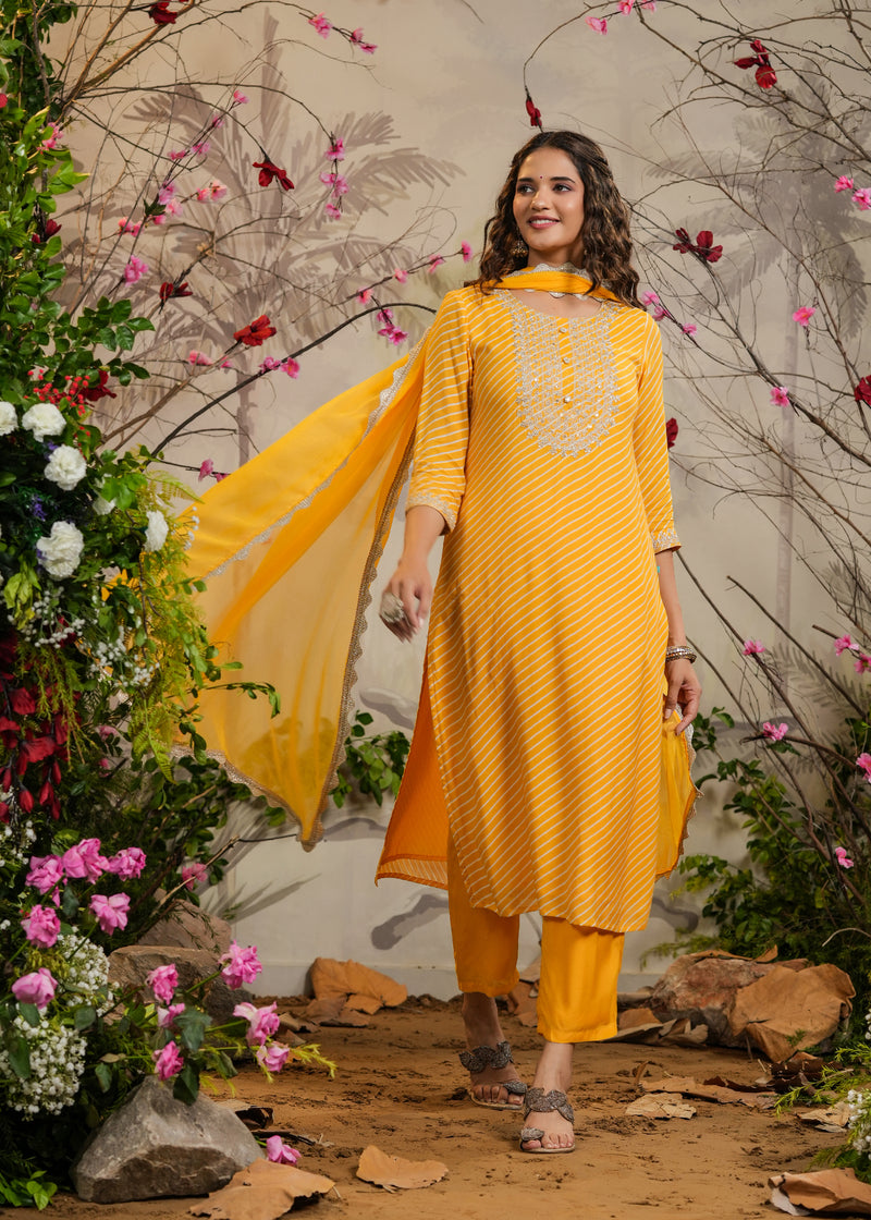 3 PIECE kurti set with palazzo set and dupatta set in yellow mustard color  by SHREE BRIJWASI FASHION.