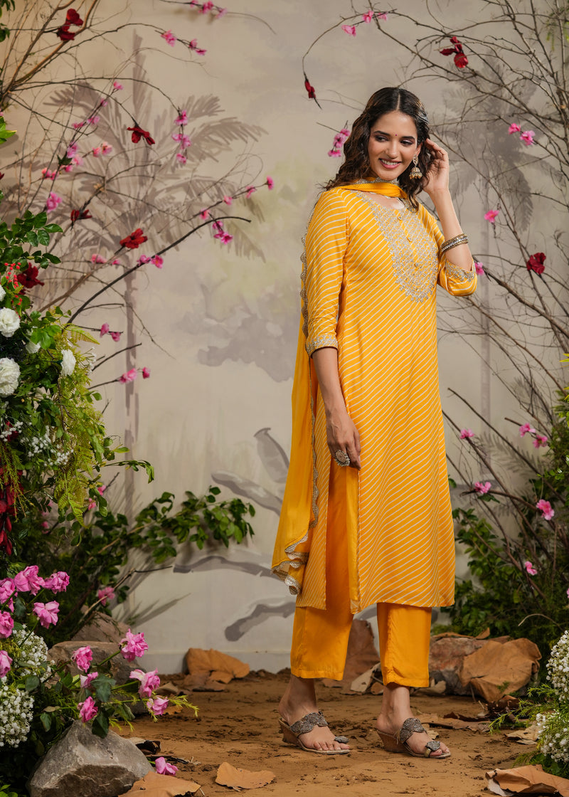 Sawan Yellow lehariya Straight Kurti with Pant & Dupatta