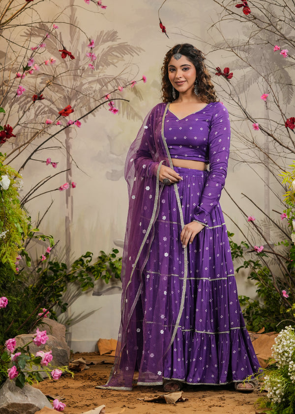 Nimrat Purple Bandhej Tiered Lehenga Set