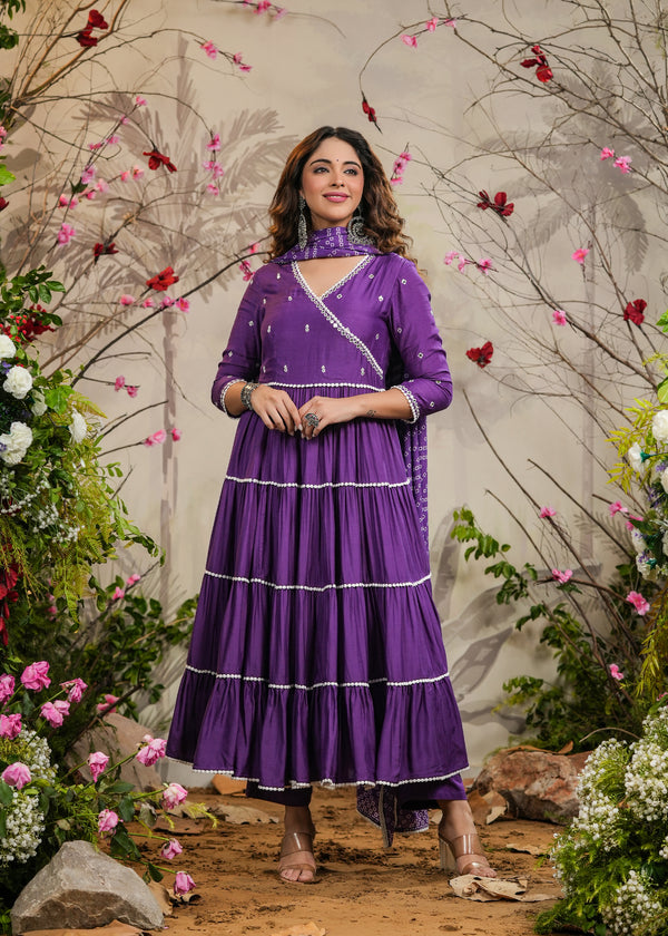 Farah Purple Solid Angrakha Kurti With Pant & Bandhej Dupatta