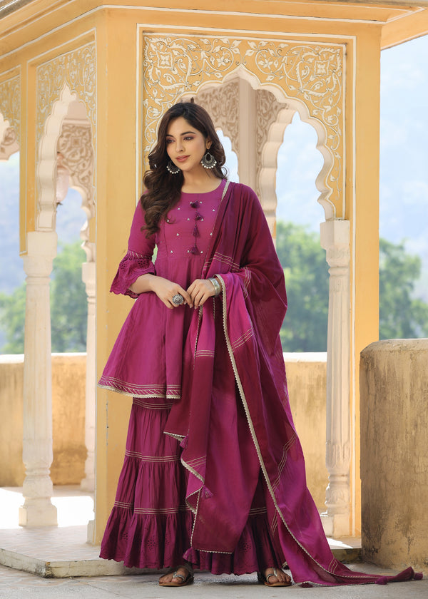 Avisha Wine Gota Lace Kurta With Sharara & Tie-Dye Dupatta