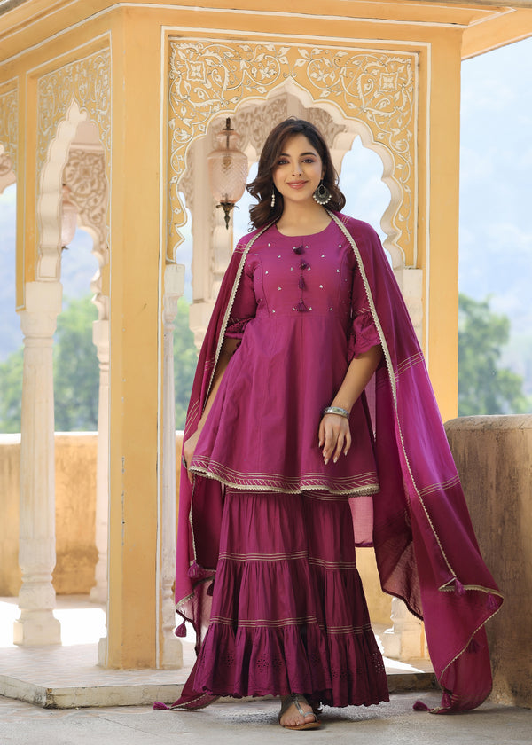 Avisha Wine Gota Lace Kurta With Sharara & Tie-Dye Dupatta