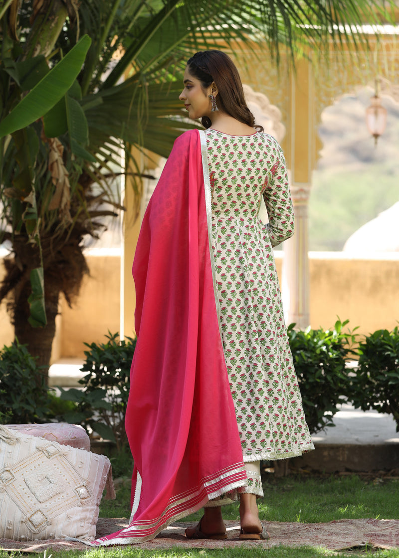 Mirza Block Printed Pink Anarkali Kurta With pant &  Dupatta