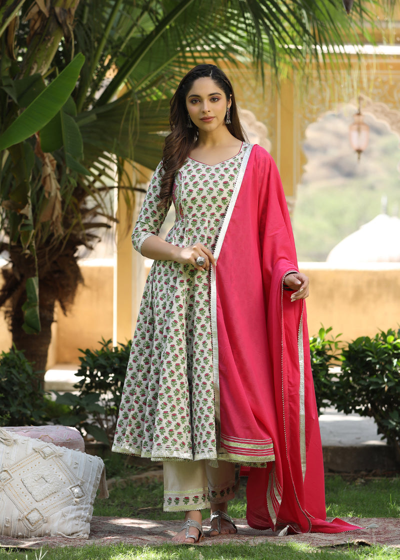 Mirza Block Printed Pink Anarkali Kurta With pant &  Dupatta