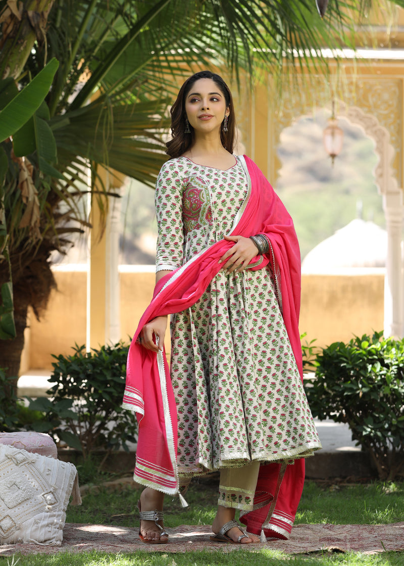 Mirza Block Printed Pink Anarkali Kurta With pant &  Dupatta