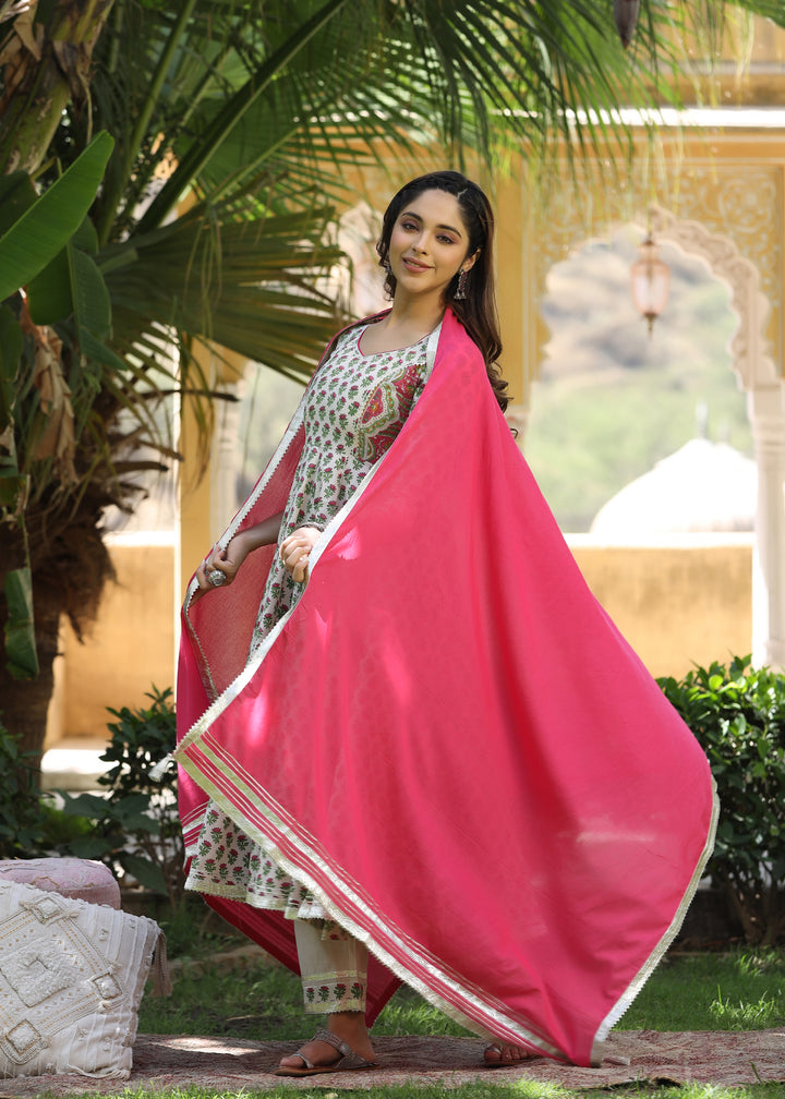 Mirza Block Printed Pink Anarkali Kurta With pant &  Dupatta