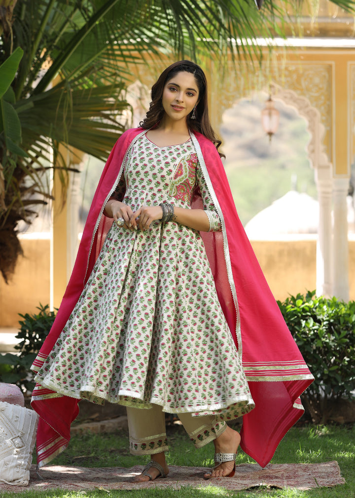Mirza Block Printed Pink Anarkali Kurta With pant &  Dupatta