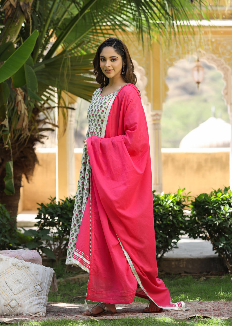 Mirza Block Printed Pink Anarkali Kurta With pant &  Dupatta