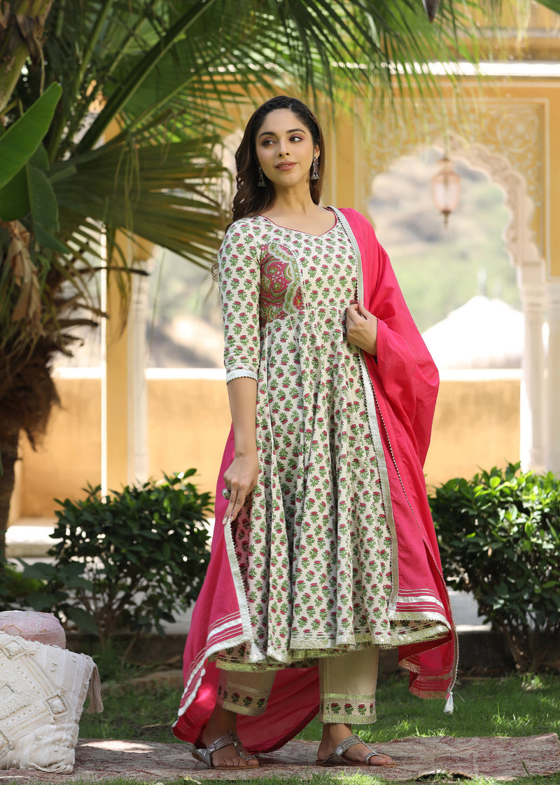 Mirza Block Printed Pink Anarkali Kurta With pant &  Dupatta