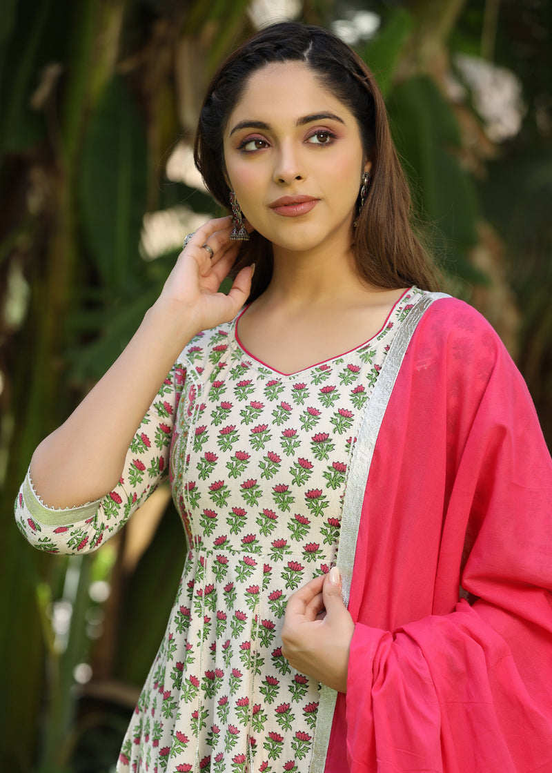 Mirza Block Printed Pink Anarkali Kurta With pant &  Dupatta