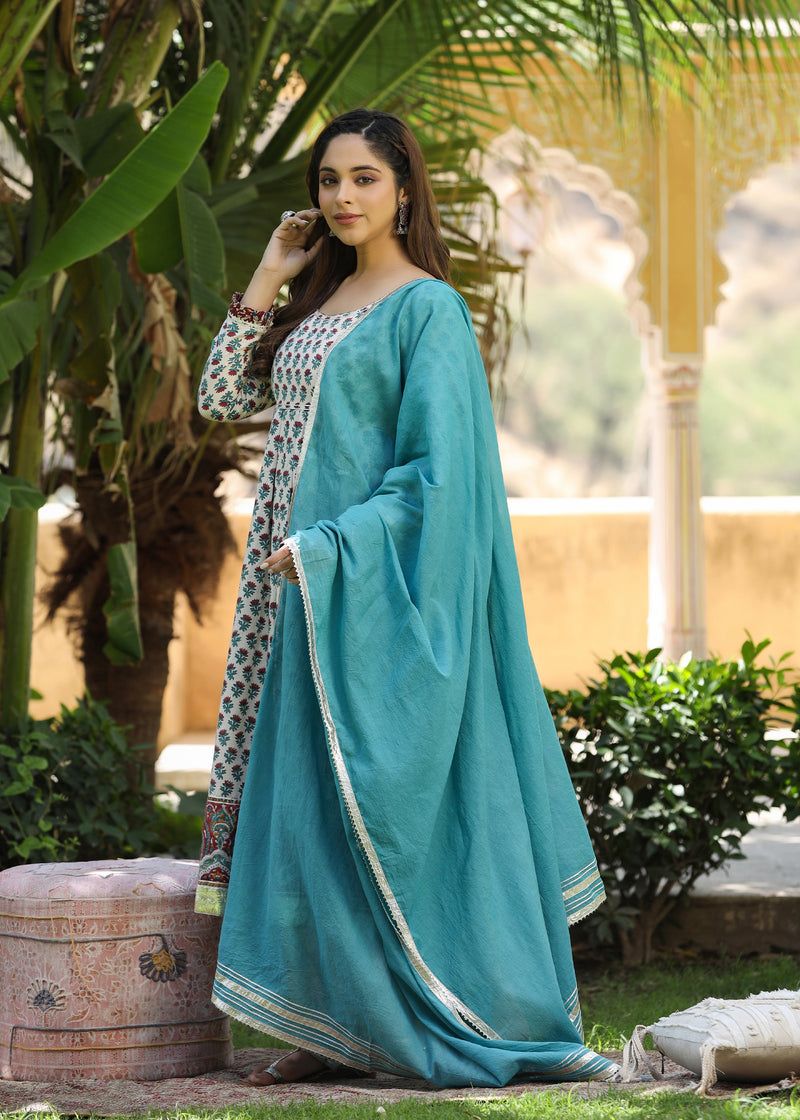 Chhavi Block Printed Turquoise Anarkali Kurta With pant & Dupatta