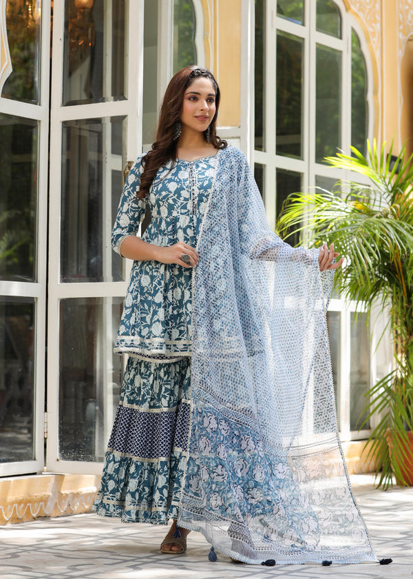 Nivisha Printed  Blue Flared Kurti With Sharara & Dupatta